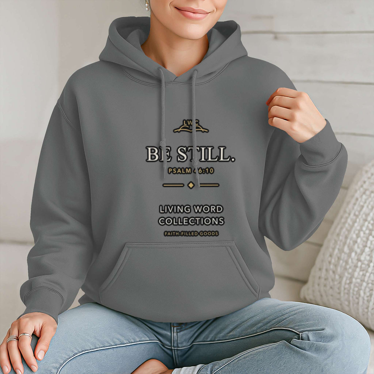 Be Still Signature Hoodie in charcoal, alternate product view