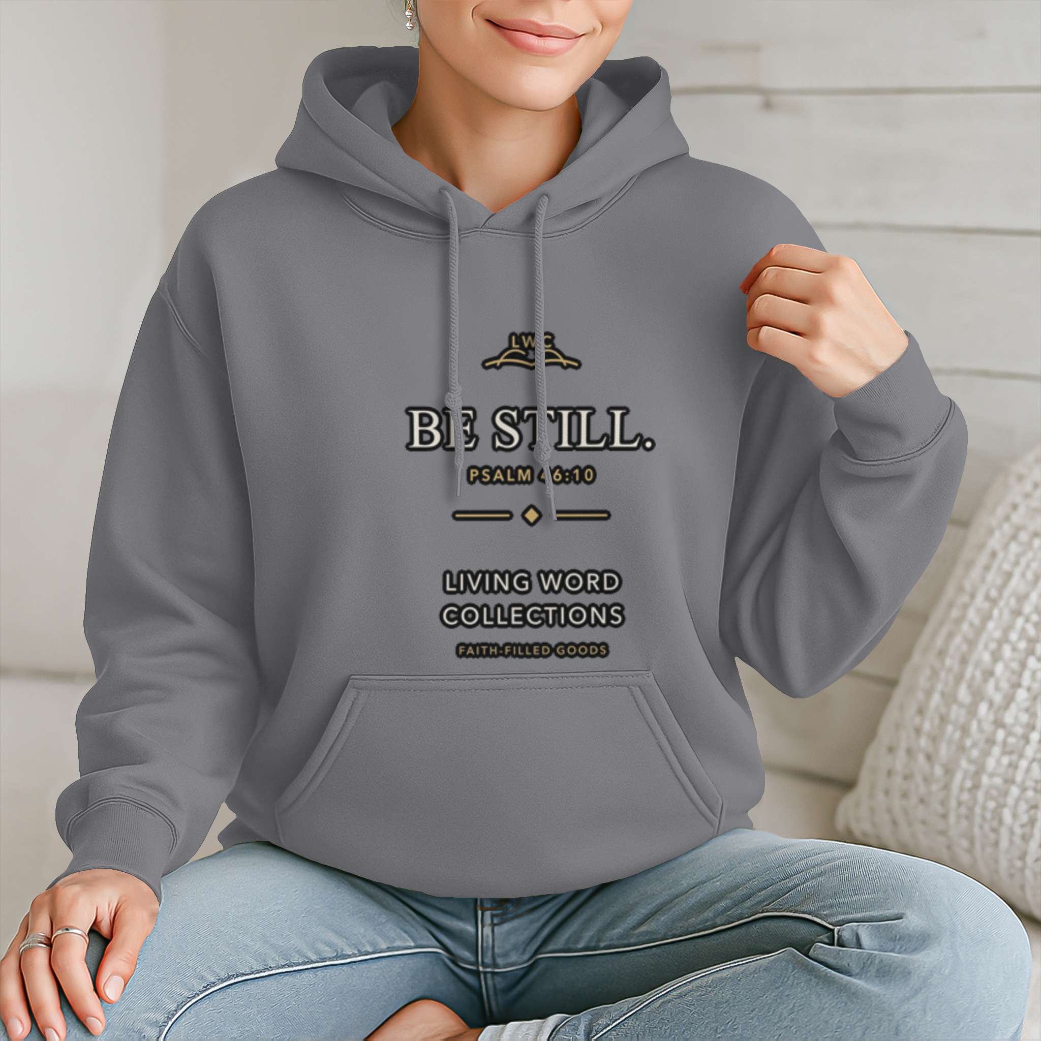 Be Still Signature Hoodie in heather charcoal, alternate product view