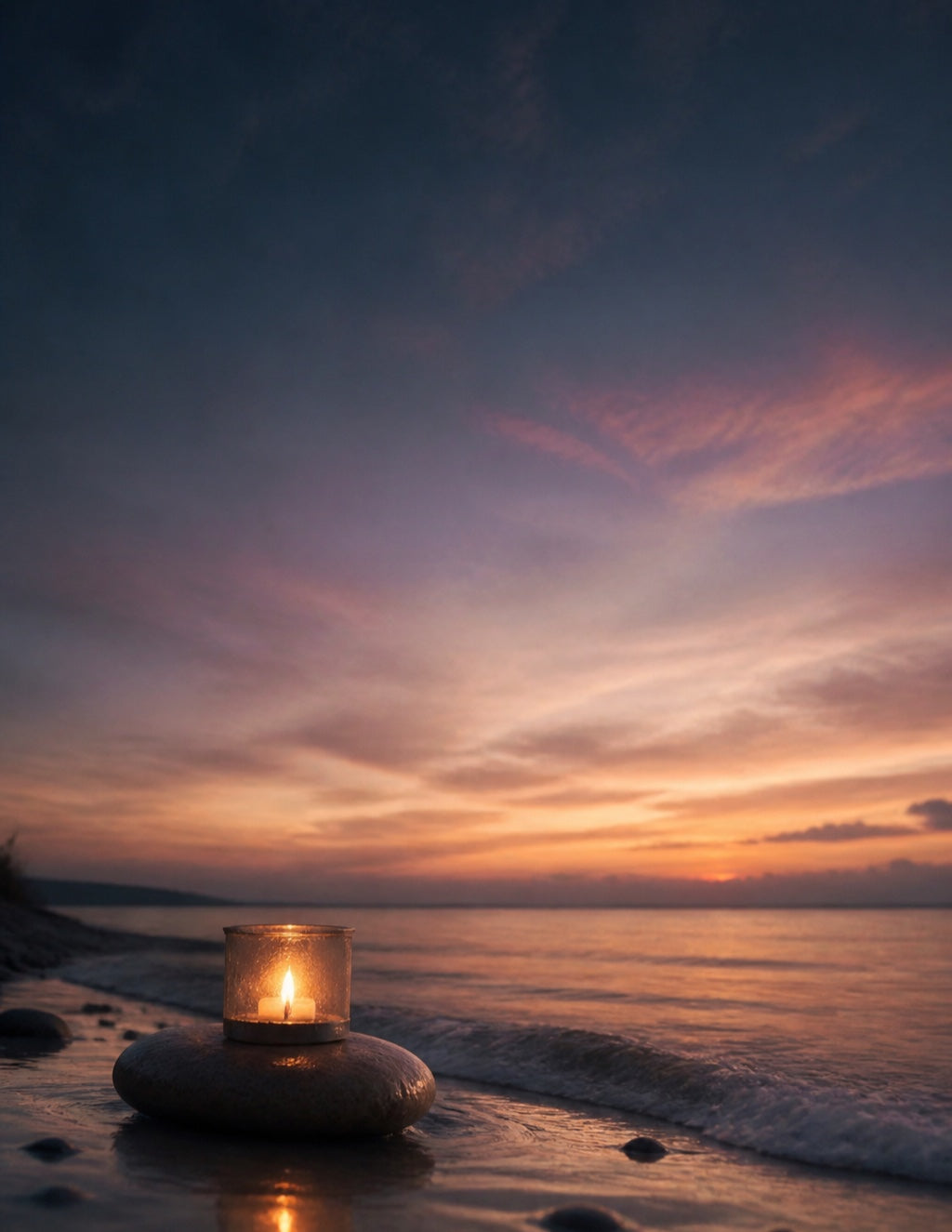 Grief journal cover: candle beside a peaceful shoreline
