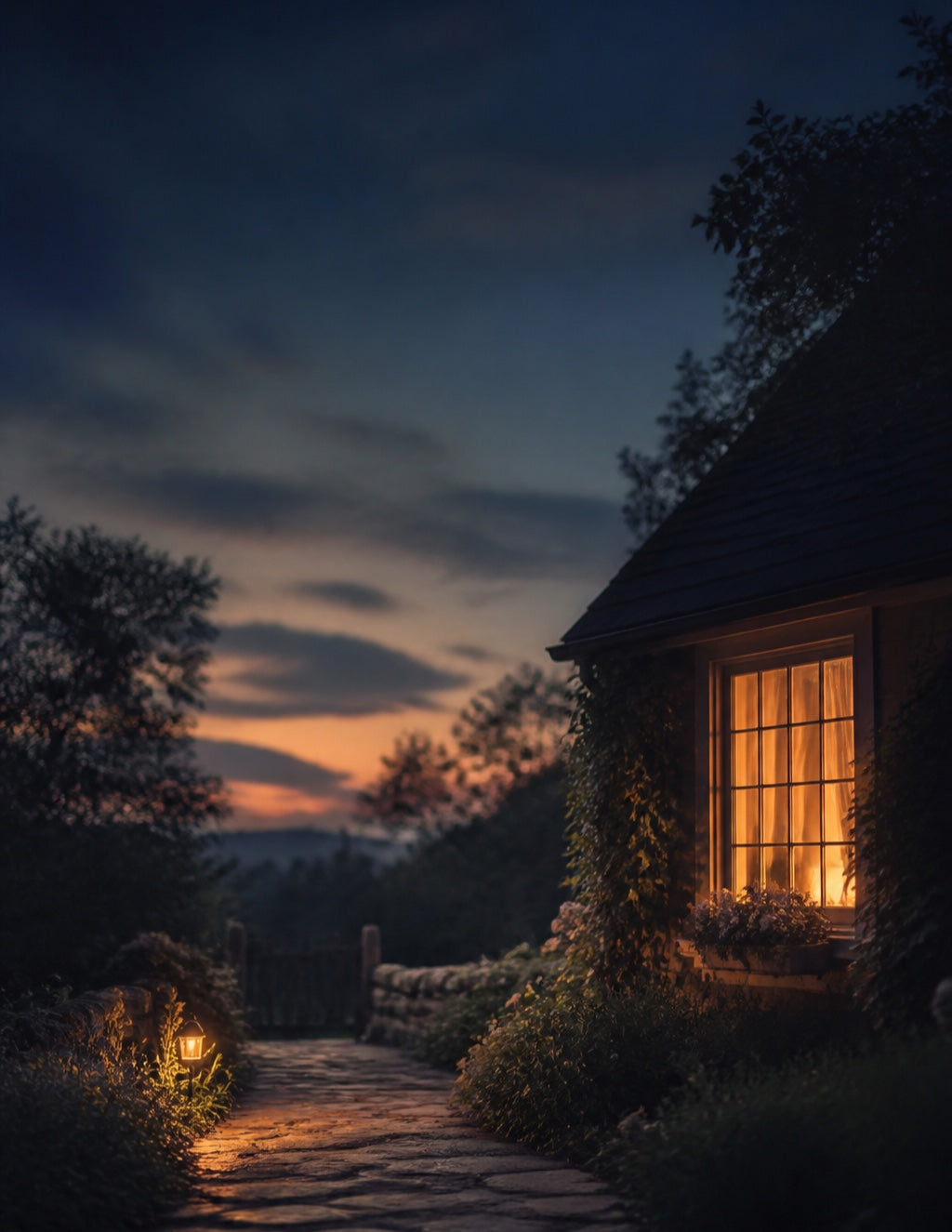 Loneliness journal cover: warm welcoming home at twilight