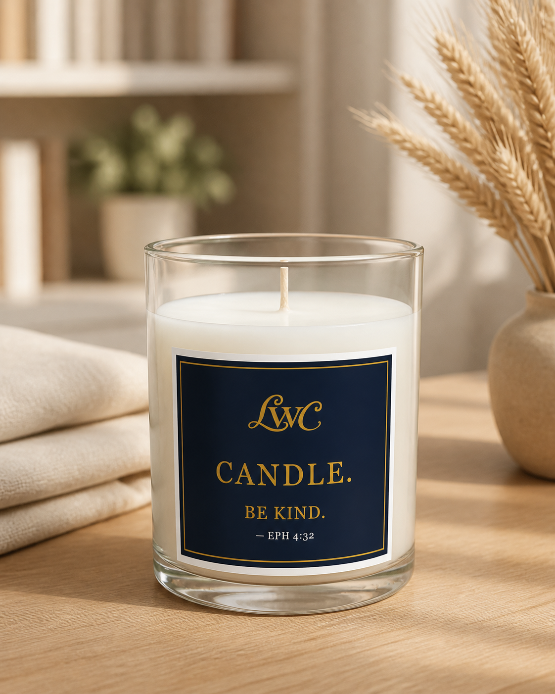 LWC Be Kind candle in a warm boutique setting