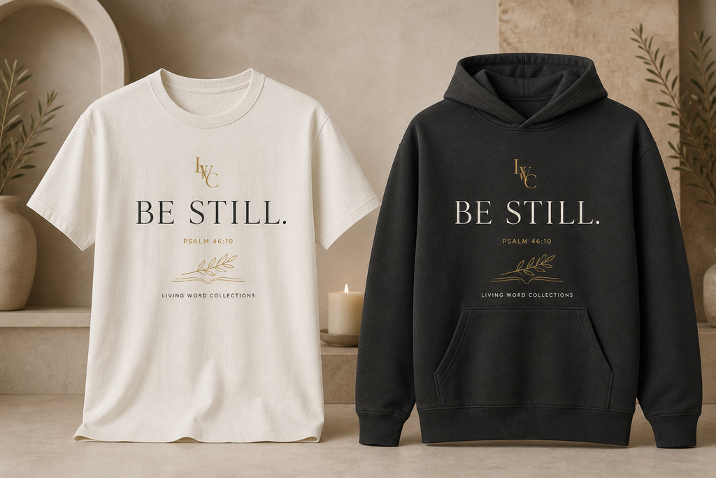 LWC Be Still tee and hoodie in a warm boutique studio