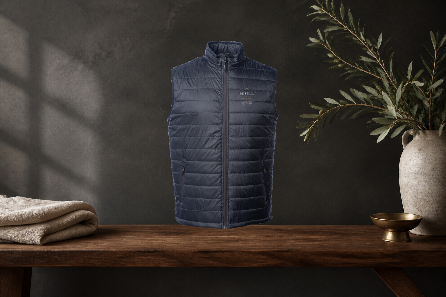 LWC Be Still puffer vest in a dark walnut and olive boutique setting