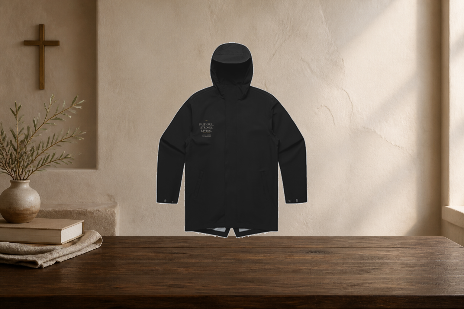 LWC Faithful Strong Living tech jacket in a warm boutique studio