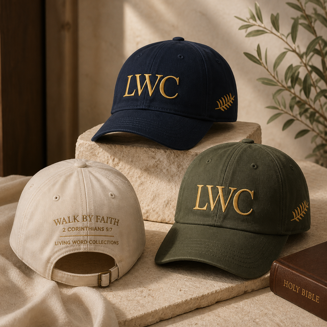 Living Word Collections embroidered dad caps in stone, navy, and spruce premium colorways with front, side, and back details.