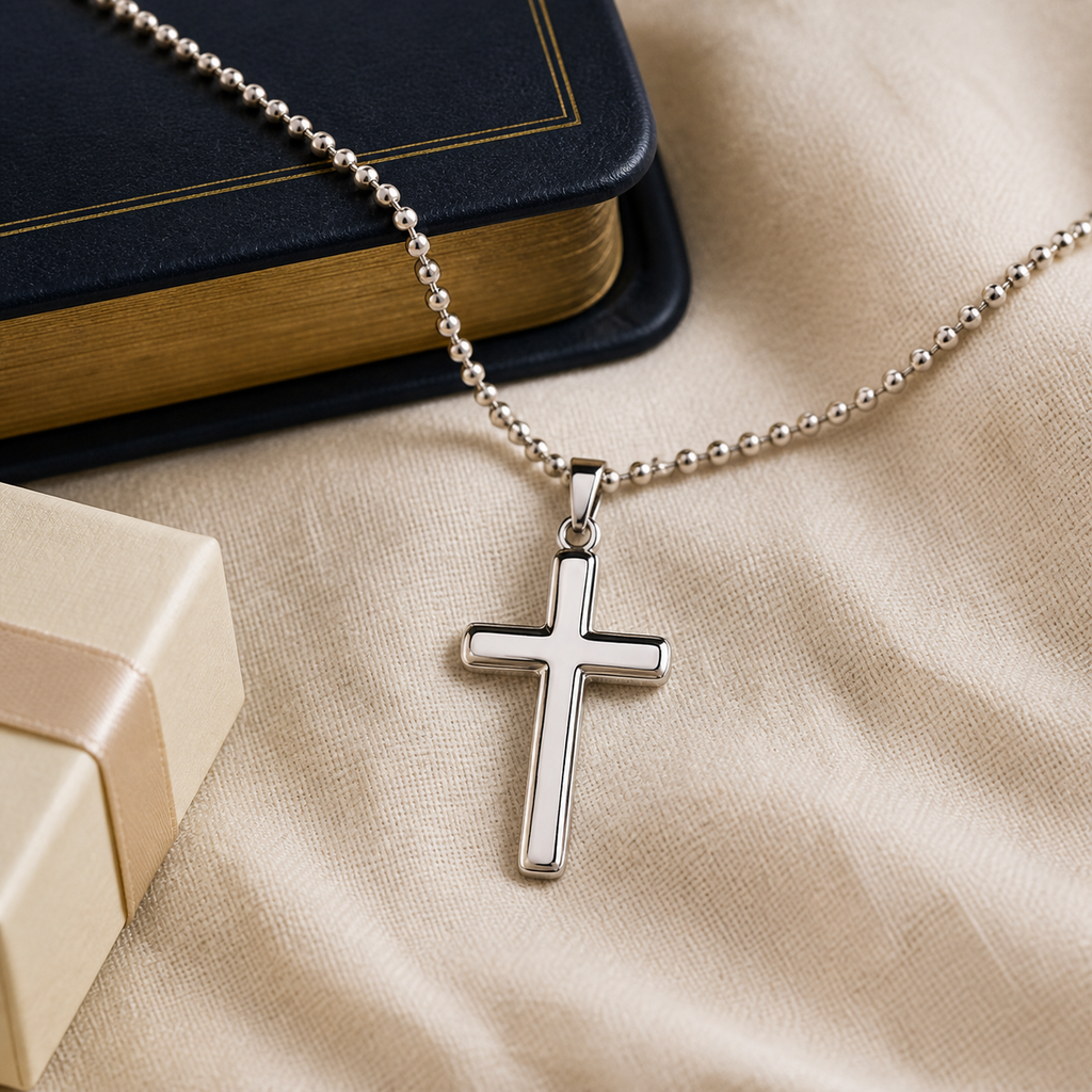 LWC Be Still Cross Necklace shown in a premium Bible and gift-box lifestyle setting.