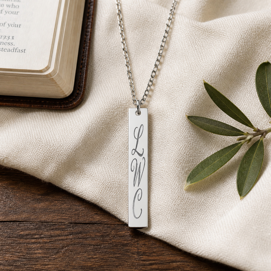 LWC Vertical Bar Necklace shown on linen beside an open Bible and olive branch.