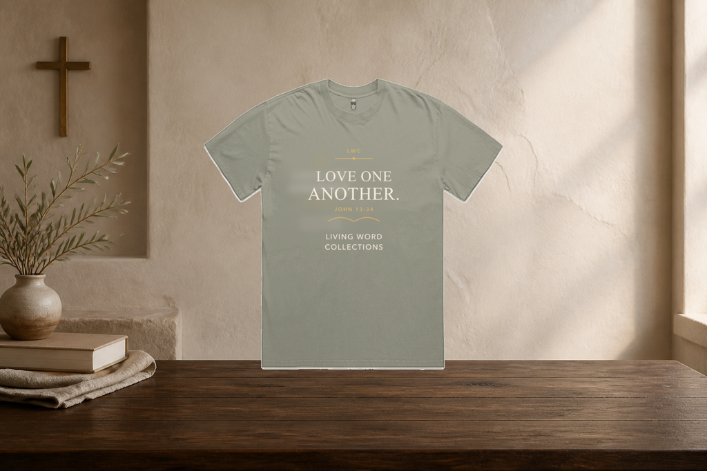LWC Love One Another centered tee in a warm boutique studio