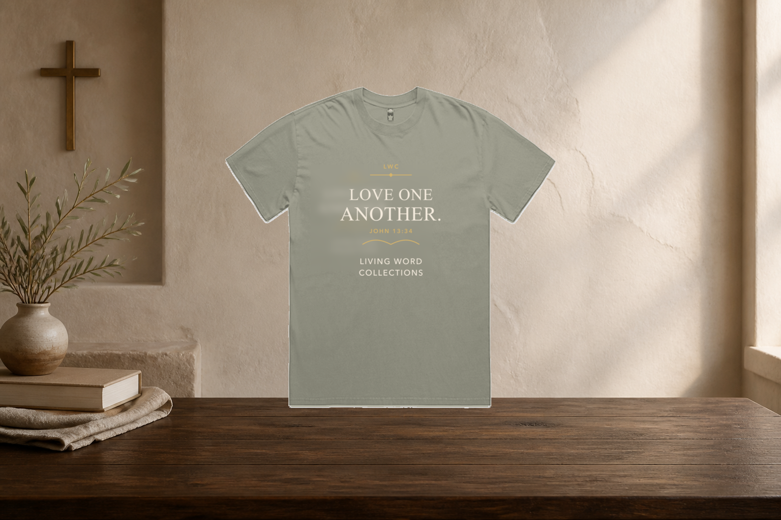 LWC Love One Another centered tee in a warm boutique studio