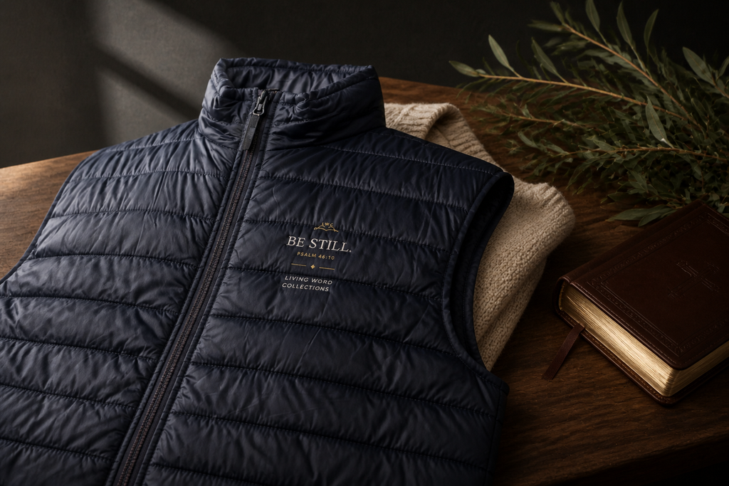 LWC Be Still puffer vest close detail in a dark walnut, bone, and olive boutique setting.