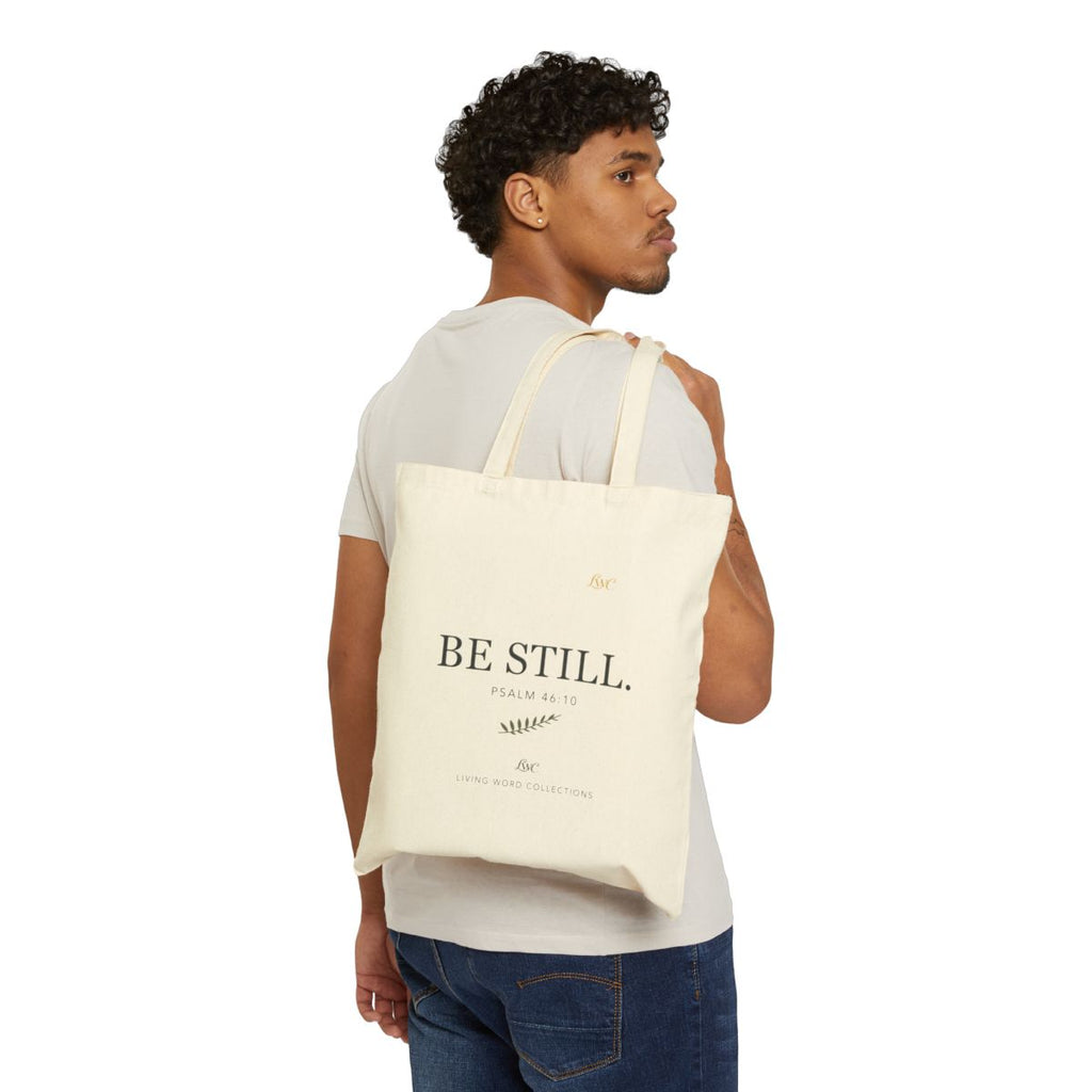 LWC Be Still Psalm 46:10 canvas tote lifestyle view