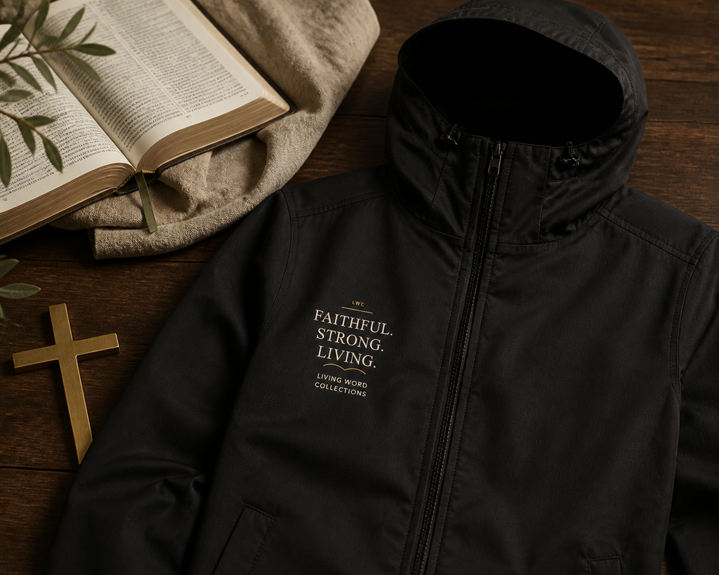 LWC Faithful Strong Living technical jacket close-up showing readable chest embroidery beside an open Bible and brass cross.