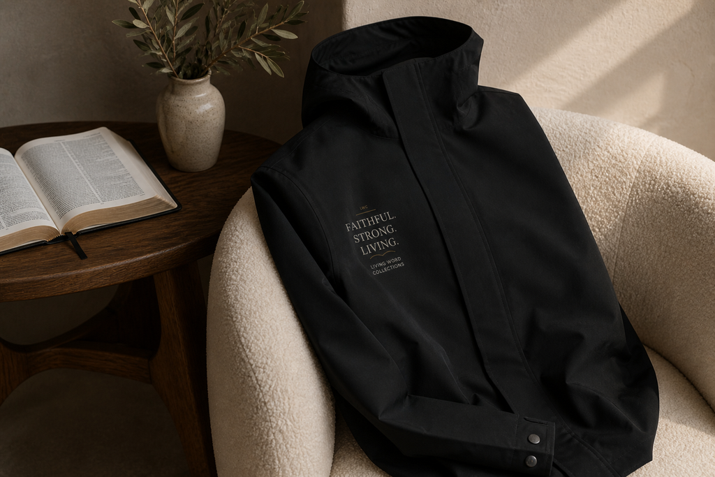 LWC Faithful Strong Living technical jacket detail in a bone boucle and walnut boutique setting.
