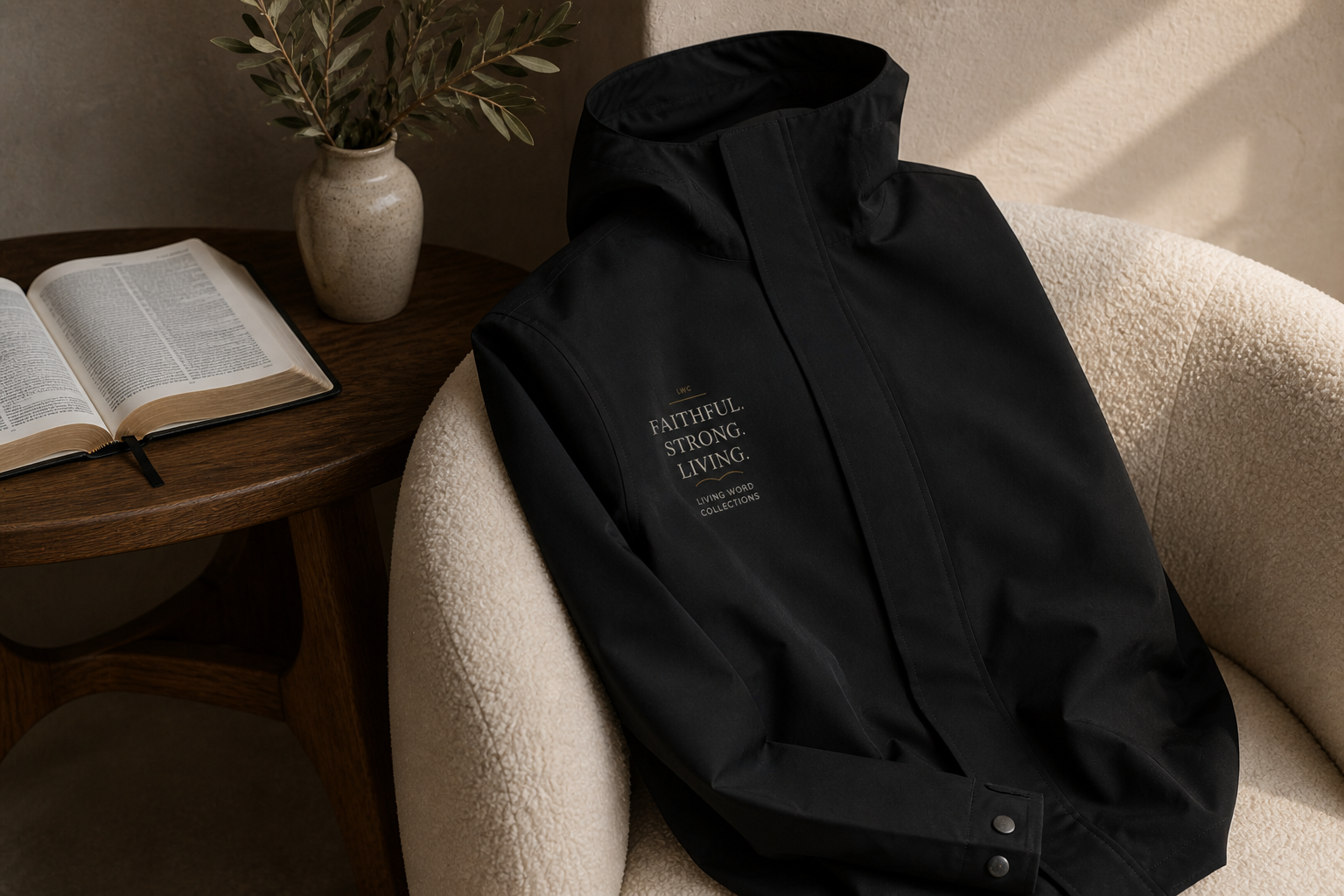 LWC Faithful Strong Living technical jacket detail in a bone boucle and walnut boutique setting.