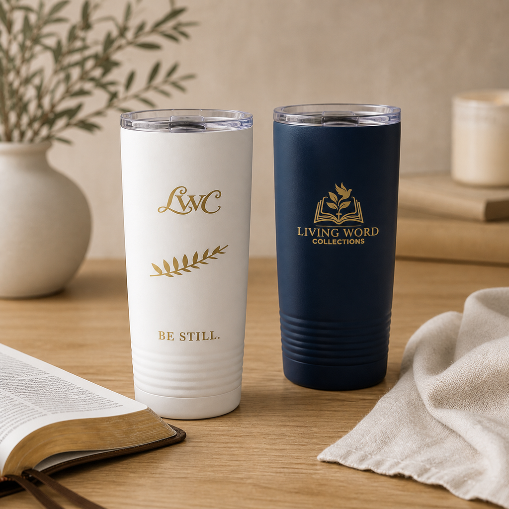 LWC white and navy Be Still tumblers in a refined Christian reading nook.