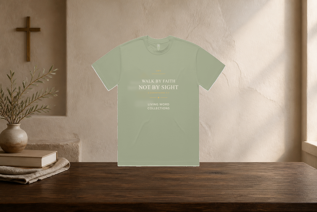 LWC Walk by Faith centered tee in a warm boutique studio